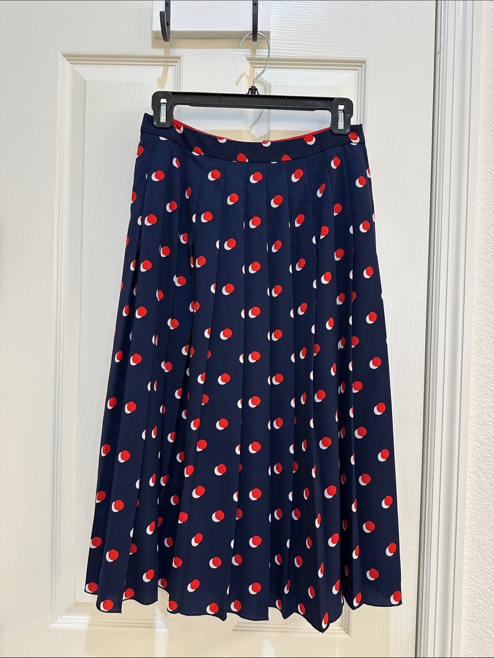Boden Navy Midi Skirt with Red & White Polka Dot Print